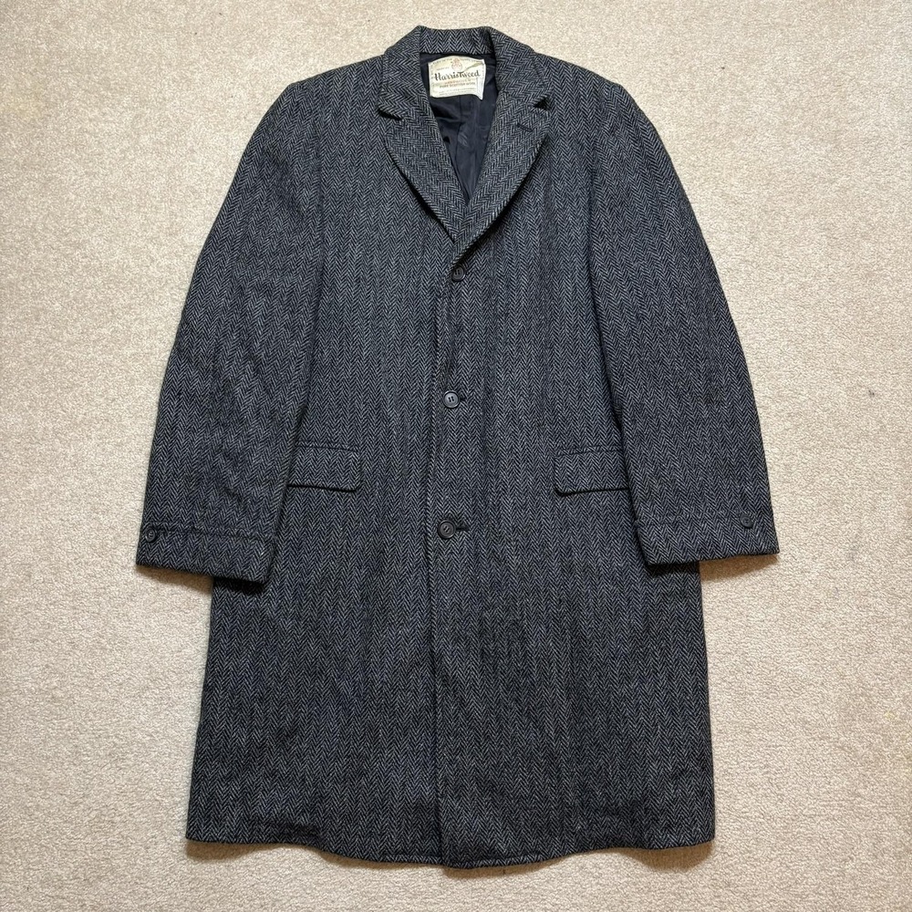 Vtg Harris Tweed Overcoat Long Mens Large Gray Herringbone Wool Lined 60s 70s